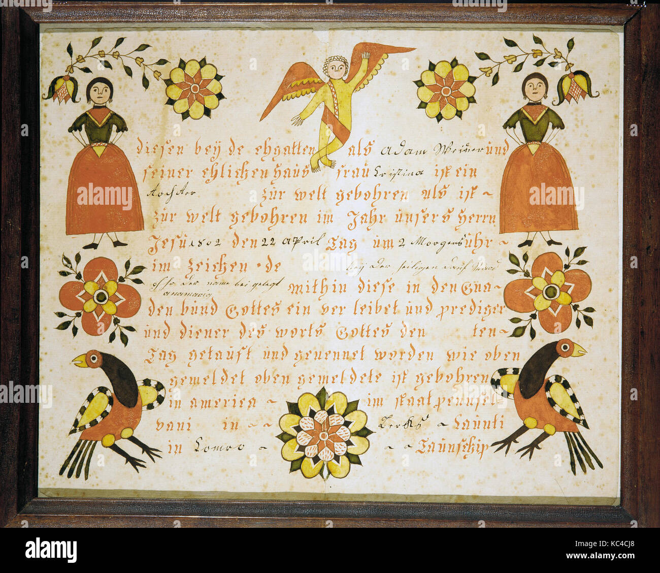 Naissance et de baptême, 1802, fait dans Berks County, Pennsylvania, United States, American, Aquarelle, gomme arabique, et Banque D'Images