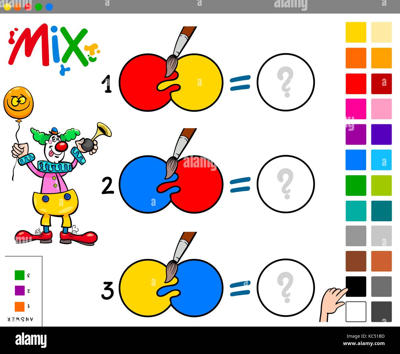 Cartoon illustration de couleurs mélange jeu éducatif pour les enfants ayant un caractère de clown Illustration de Vecteur