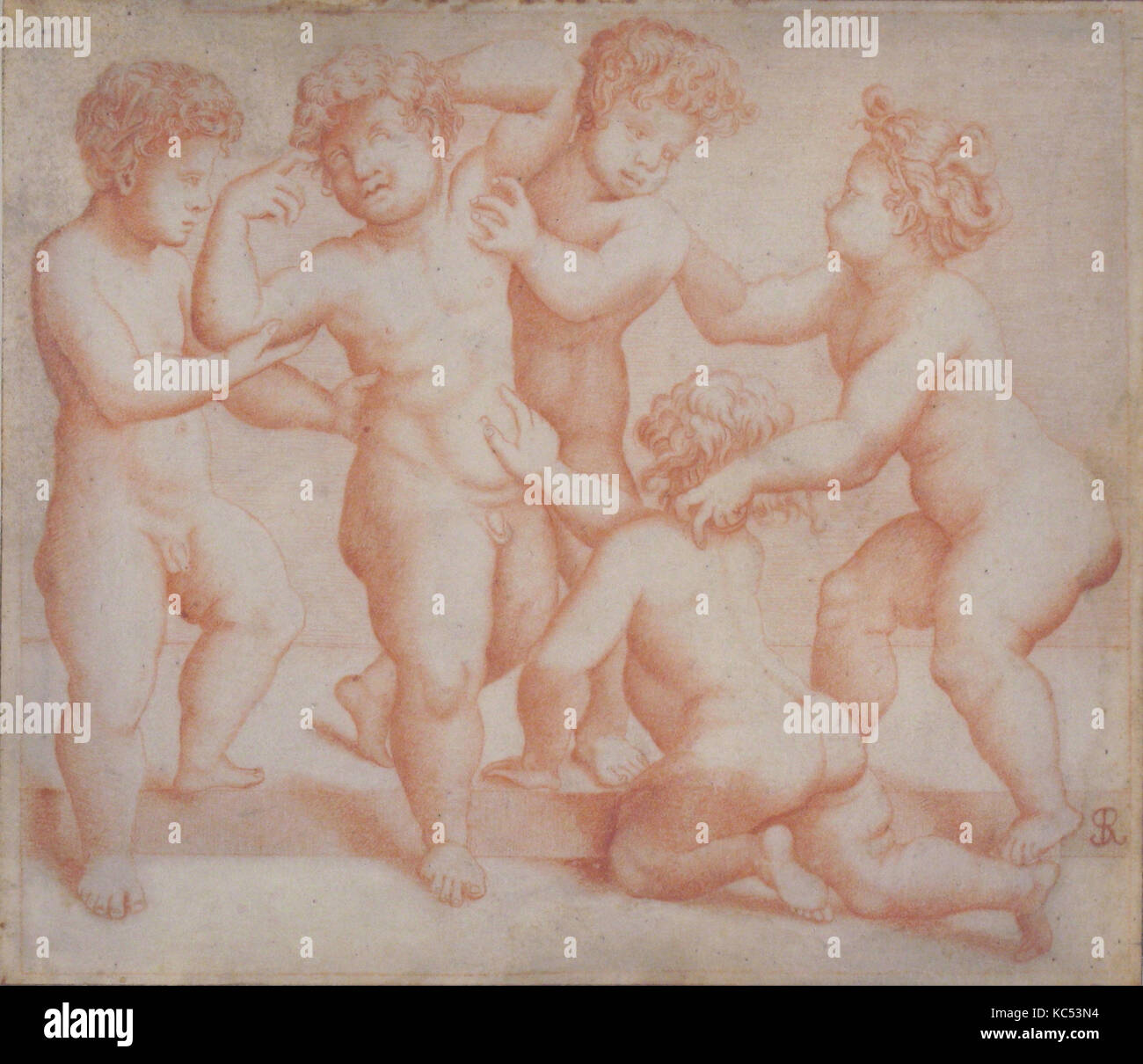 Frise de cinq Putti, 1515-27, craie rouge sur parchemin, 5 3/8 x 6 5/16''. (13,7 x 16 cm), dessins, après Marco dente (Italien Banque D'Images