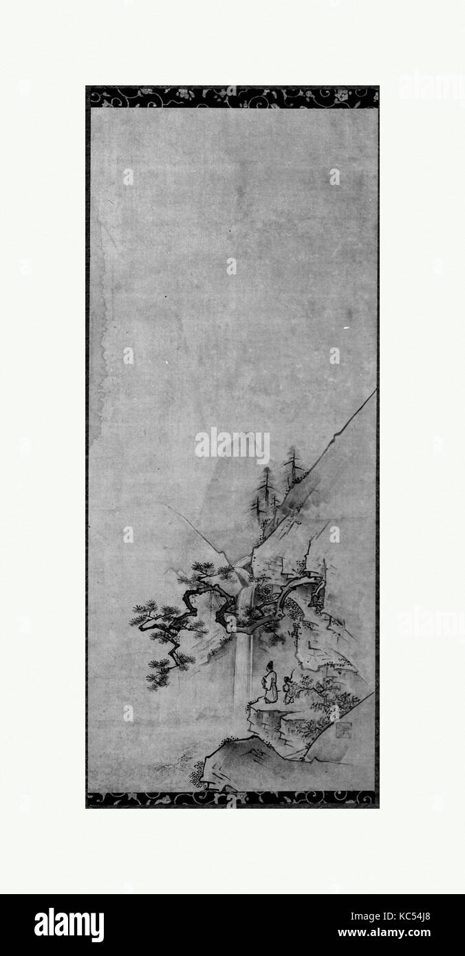 Femme chinoise dans un bateau et des chiffres dans les paysages, attribué à Kano Kōi, début du 17e siècle Banque D'Images