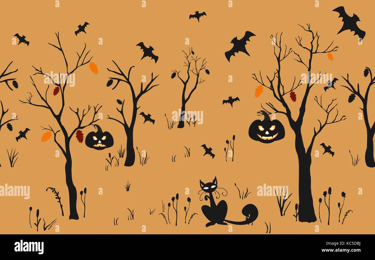 Fond d'halloween avec des silhouettes. motif transparente halloween carte vectorielle., la texture ou l'arrière-plan. vector art. Illustration de Vecteur