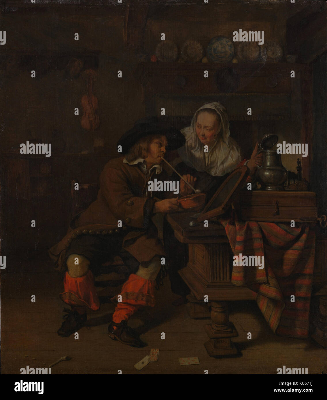 Scène de taverne, huile sur bois, 14 3/8 x 12 5/8 in. (36,5 x 32,1 cm), peinture, copie après Gabriël Metsu (Néerlandais, fin du 17e siècle Banque D'Images