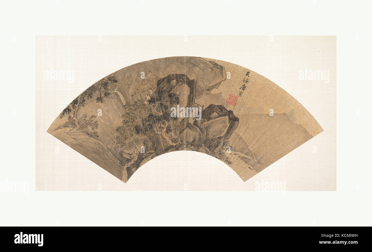 En contemplant une chute d'eau, dynastie Ming (1368-1644), la Chine, le pliage ventilateur monté comme un album feuille ; l'encre et la couleur sur l'or-flecked Banque D'Images