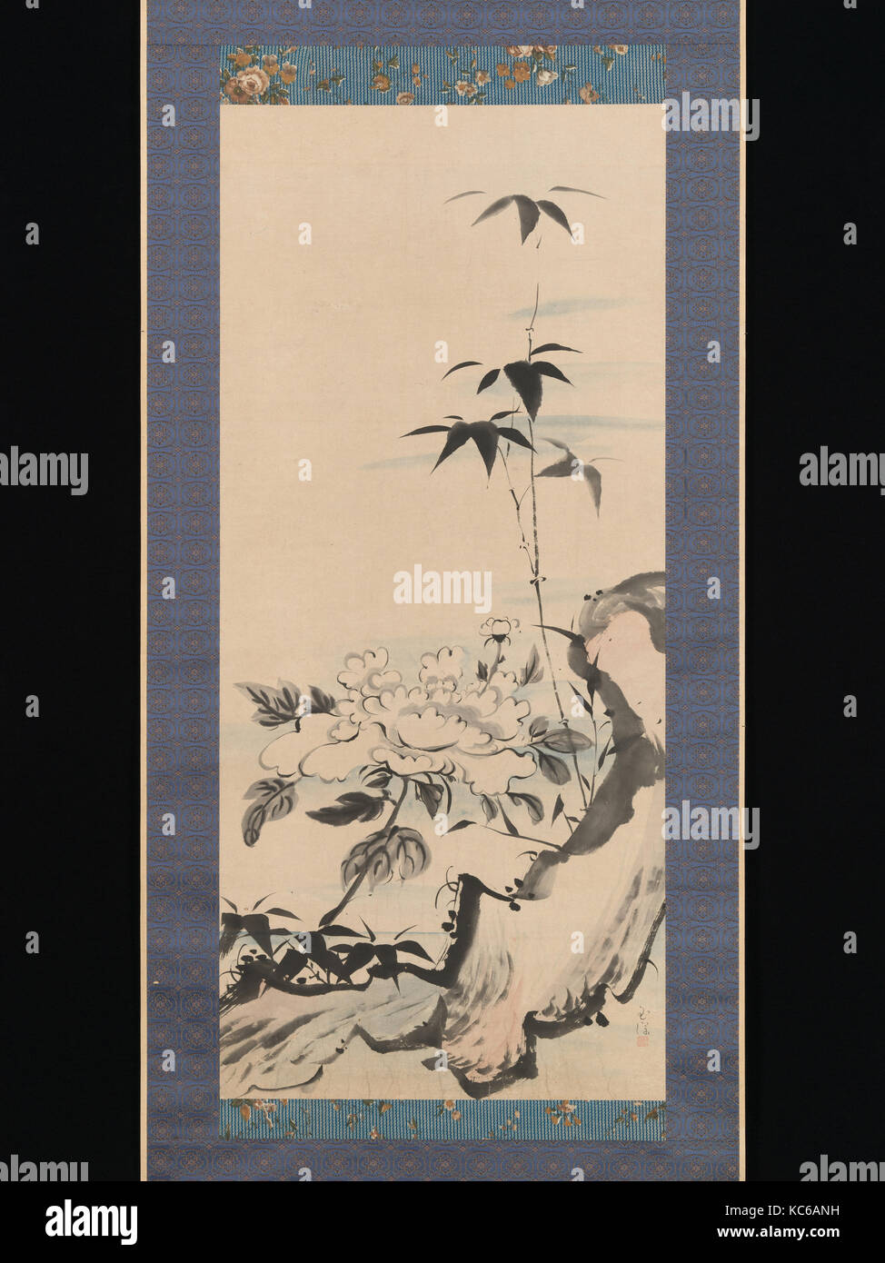 牡丹に竹図, pivoine et bambou par un rocher, Tokuyama Gyokuran, ca. 1768 Banque D'Images
