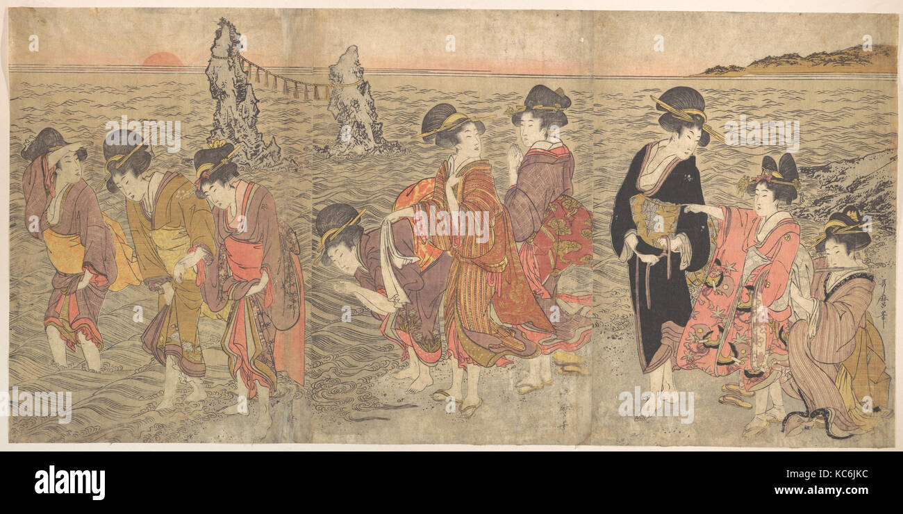 Les femmes adorent le soleil levant entre les rochers à Ise, Kitagawa Utamaro Banque D'Images