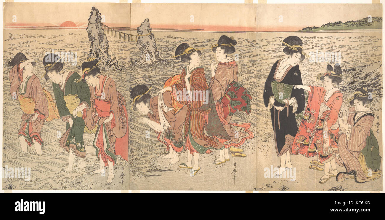 Les femmes adorent le soleil levant entre les rochers à Ise, Kitagawa Utamaro Banque D'Images