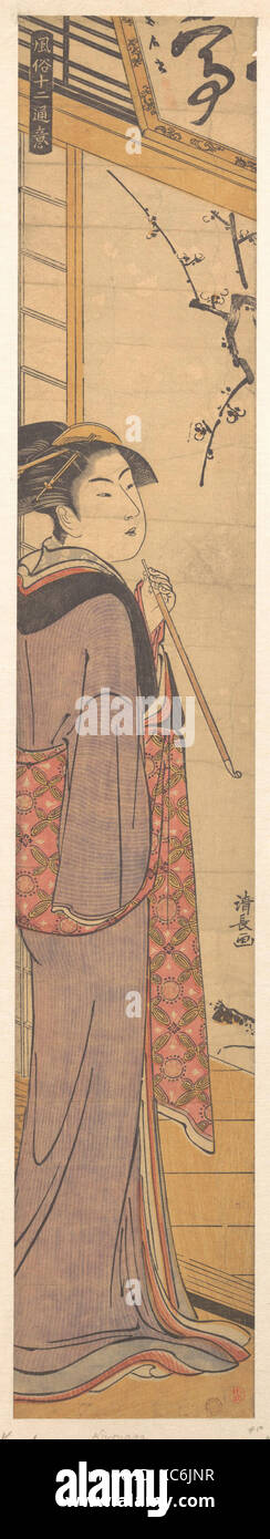 Une fille avec un tuyau, de la période Edo (1615-1868), ca. 1785, le Japon, l'estampe Polychrome ; l'encre et couleur sur papier, 25 x 415 31/32 Banque D'Images