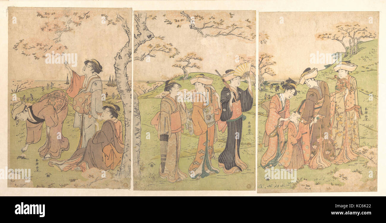 Les femmes et les enfants voir les cerisiers en fleurs à Gotenyama, Katsukawa Shunchō, ca. 1787 Banque D'Images