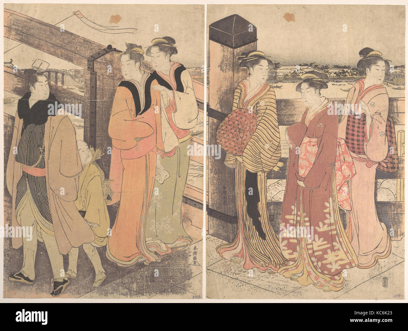 Un groupe de femmes, un homme et un garçon sur un pont, Katsukawa Shunchō Banque D'Images