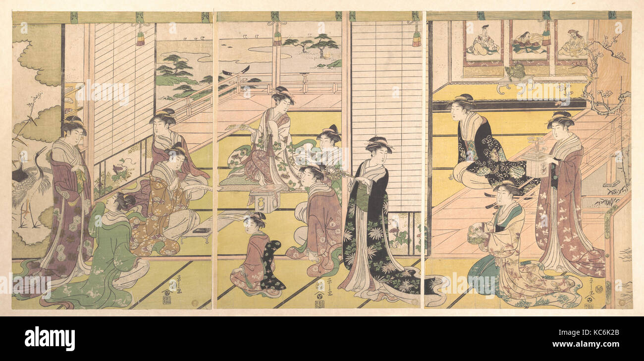 和歌三神図, honorant les trois Dieux de la poésie : les femmes de composer des poèmes, Chōbunsai Eishi, ca. 1792 Banque D'Images