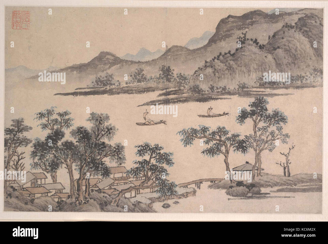 Paysage avec des voiliers, Ming (1368-1644) ou des Qing (1644-1911) dynastie, la Chine, l'album leaf ; l'encre et couleur sur papier, 13 x 14 5/8 9 Banque D'Images
