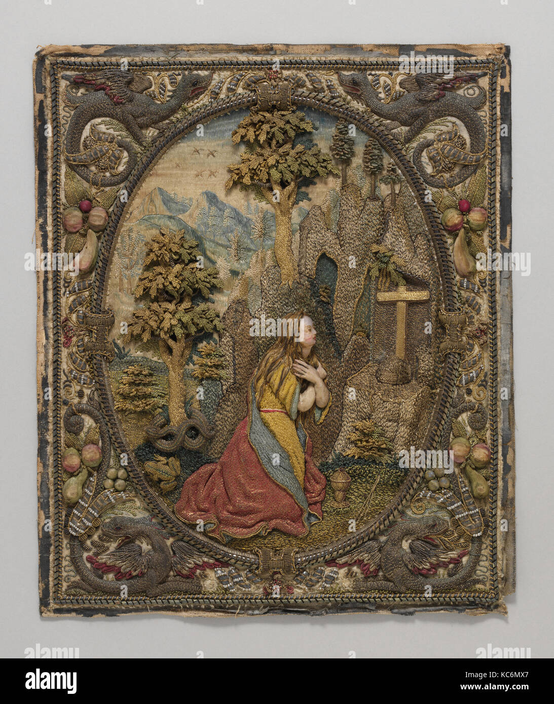 Photo, 17ème siècle, flamand, soie, fil de métal et perles sur la soie, H. 13 x 10 1/4 pouces 1/4 W. (33,7 x 26 cm), Textiles Banque D'Images