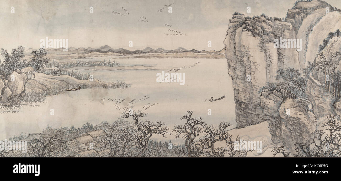 清 王翬 倣巨然燕文貴山水圖 卷, Paysage dans le style de Juran et Yan Wengui, Wang Hui, daté 1713 Banque D'Images