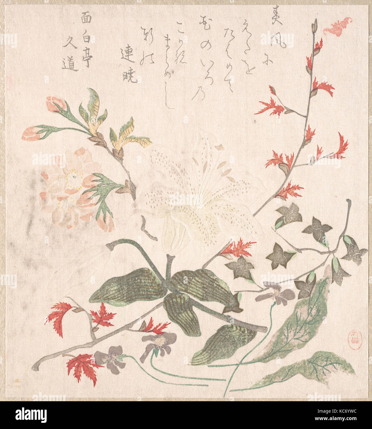 Lily, les violettes, les fleurs de cerisier, Forsythia, et une branche d'érable rouge, l'Artiste non identifié, 18e-19e siècle Banque D'Images