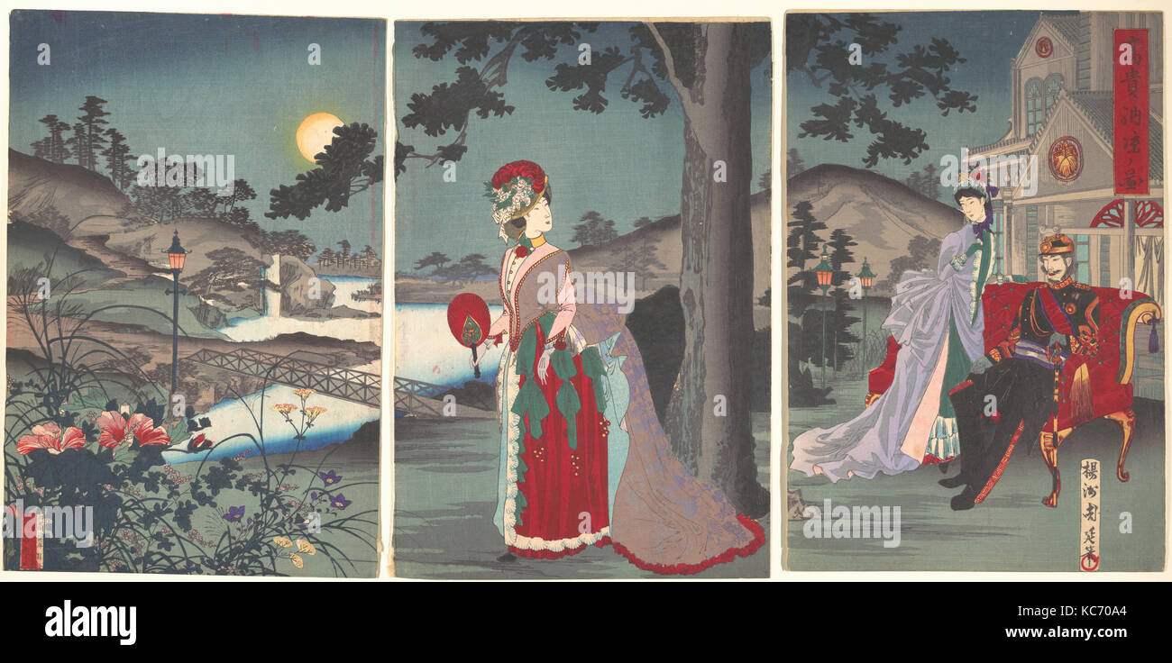 Noblesse dans la soirée Cool (nōryō Koki no zu), '高貴納涼ノ図', période Meiji (1868-1912), 1887, Japon, Triptyque de polychromie Banque D'Images