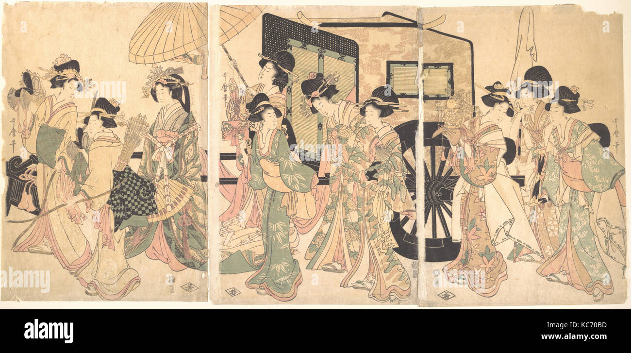 Mesdames entourant un panier, de la période Edo (1615-1868), le Japon, le Triptyque de gravures polychromes ; l'encre et couleur sur papier, 15 x Banque D'Images