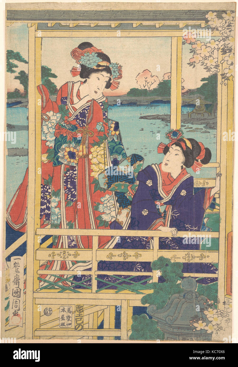 Deux beautés au printemps jardin avec un étang, Toyohara Kunichika, ca. 2ème mois, 1864 Banque D'Images