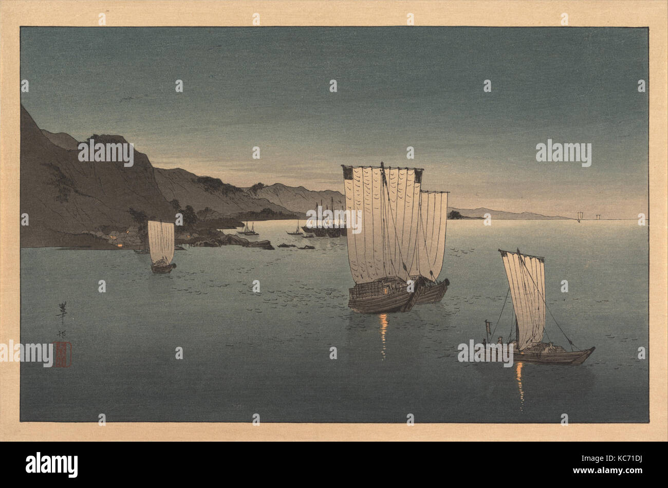 Bateaux de pêche au crépuscule, l'ère Meiji (1868-1912)-ère Taishō (1912-26) période, début xxe siècle, le Japon, l'estampe Polychrome ; l'encre et Banque D'Images