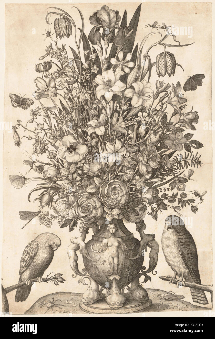 Vase de fleurs avec deux oiseaux, gravée par Nicolaes de Bruyn, 1590-1656 Banque D'Images