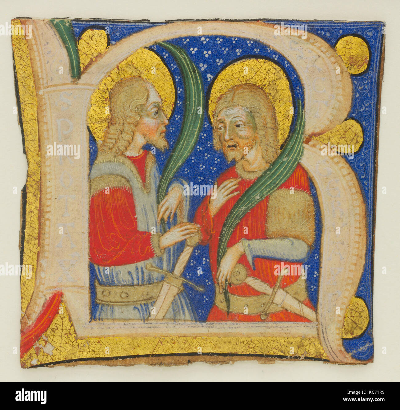 Coupe feuille manuscrit montrant une Illumiated R Initial avec Saint Protasius Gervasius et St., Maître Olivetan, milieu du 15ème siècle Banque D'Images