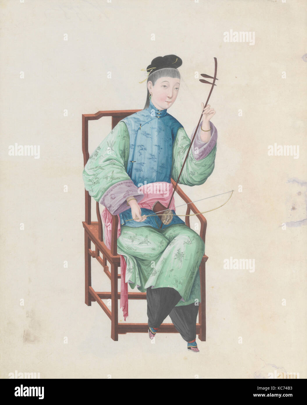 Aquarelle de musicien jouant gaohu( ?), fin du 18e siècle Banque D'Images