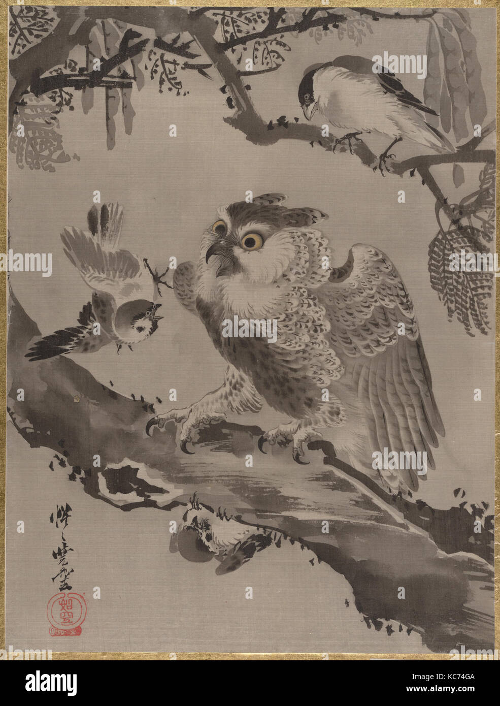Owl raillé par de petits oiseaux, Kyōsai Kawanabe, ca. 1887 Banque D'Images