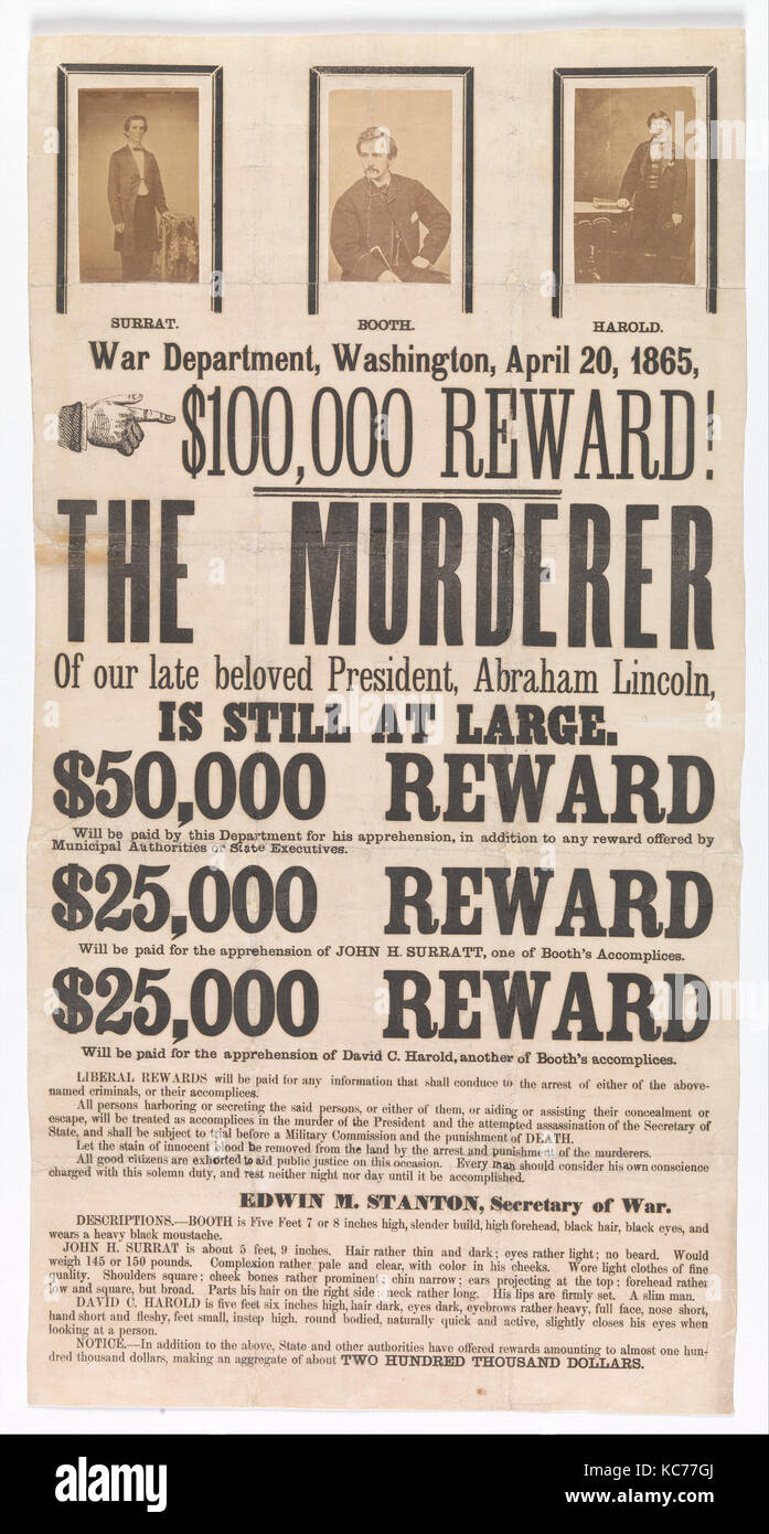 Broadside pour la capture de John Wilkes Booth, John Surratt, et David Herold, Alexander Gardner, le 20 avril, 1865 Banque D'Images