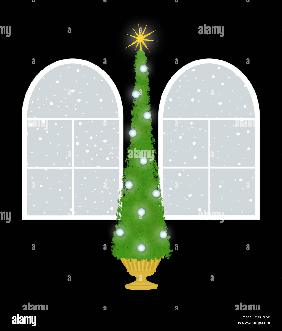 Arbre de Noël avec deux fenêtres palladiennes avec de la neige à l'extérieur, sur un fond noir Banque D'Images