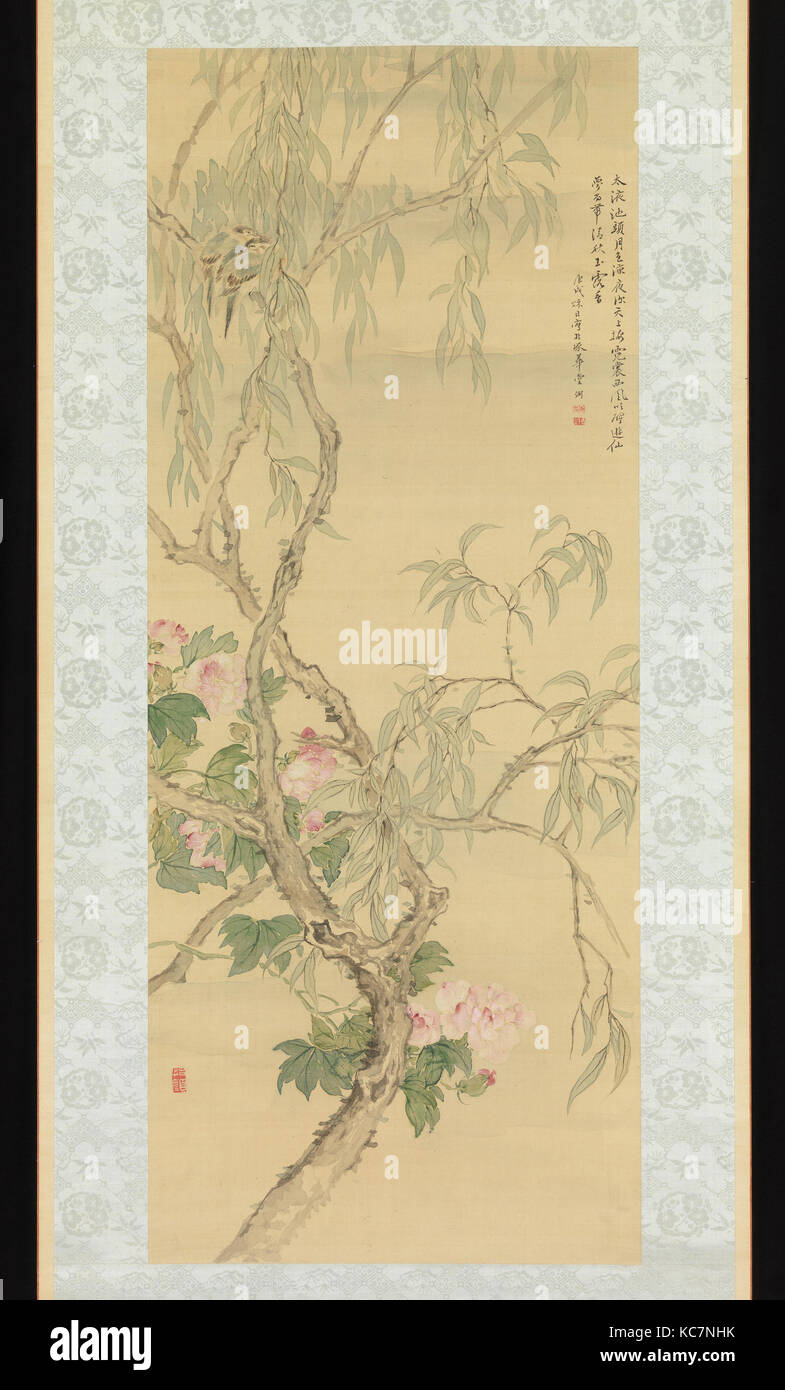 De petits oiseaux sur une branche de saule et d'Hibiscus en fleurs, Tsubaki, datée 1850 Chinzan Automne Banque D'Images