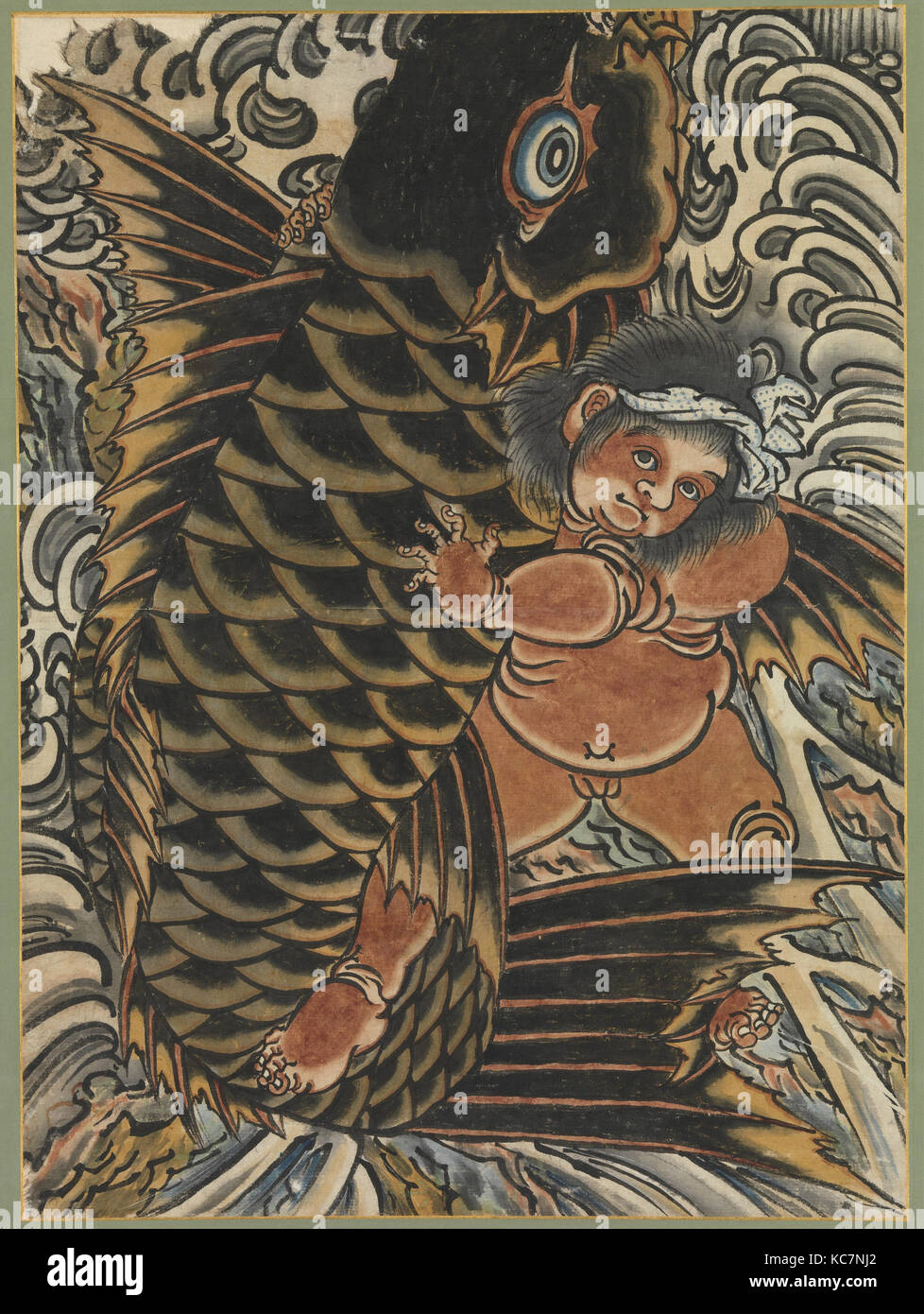 Kintaro avec la carpe, la période Edo (1615-1868), 19e siècle, le Japon, la pendaison ; faites défiler jusqu'à la main, gravure sur bois, de l'image : 23 3/4 x 17 Banque D'Images