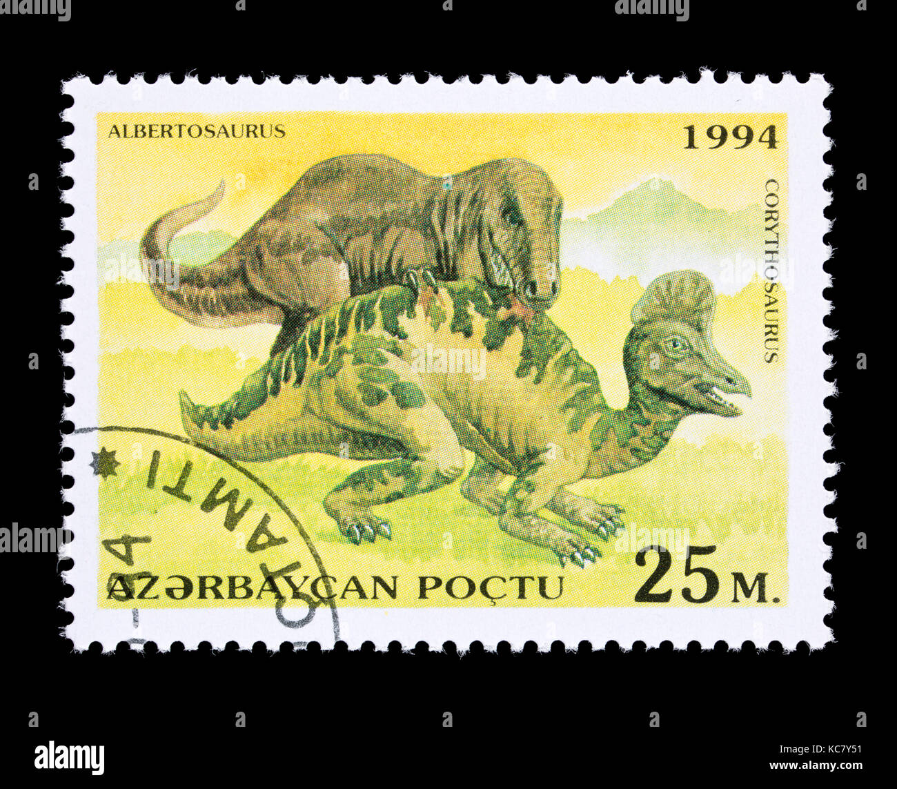 Timbre-poste de l'Azerbaïdjan représentant un Albertosaurus attaquer un corythosaurus Banque D'Images