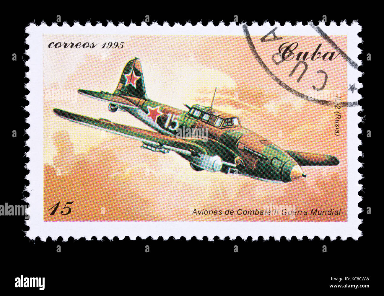 Ppstage stamp à partir de Cuba représentant un avion de chasse russe IL-2 Banque D'Images