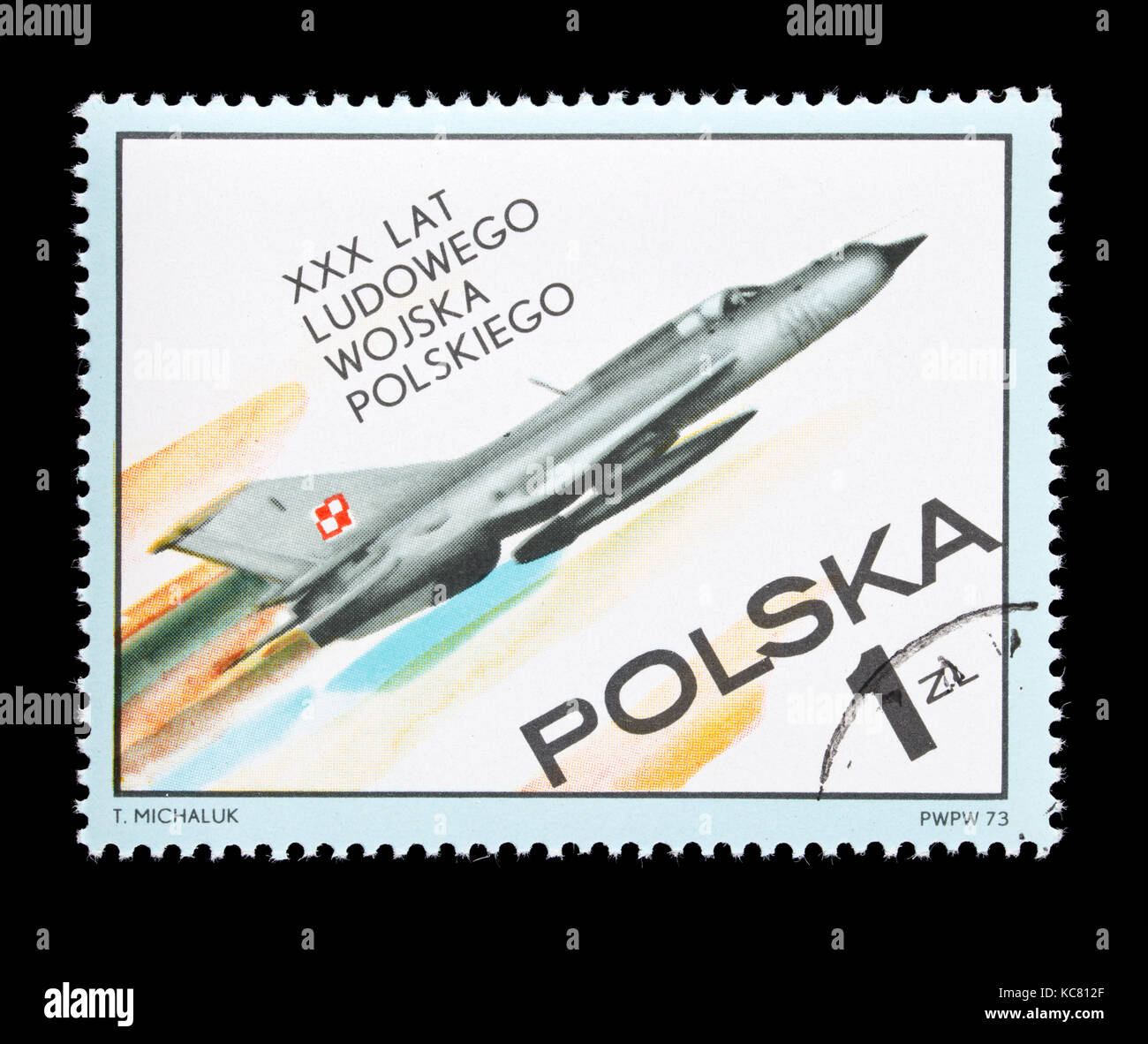 Timbre-poste de la Pologne représentant un avion de chasse, émis pour le 30 ème anniversaire de l'armée populaire polonaise. Banque D'Images