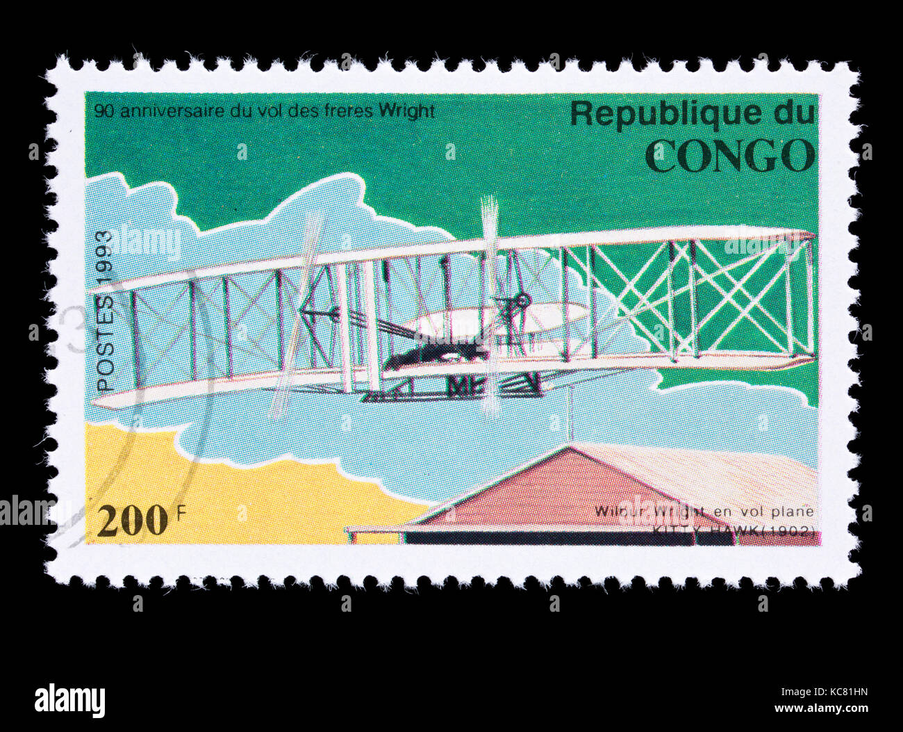 Timbre-poste de Congo représentant le premier vol des frères Wright à Kitty Hawk, 90e anniversaire Banque D'Images