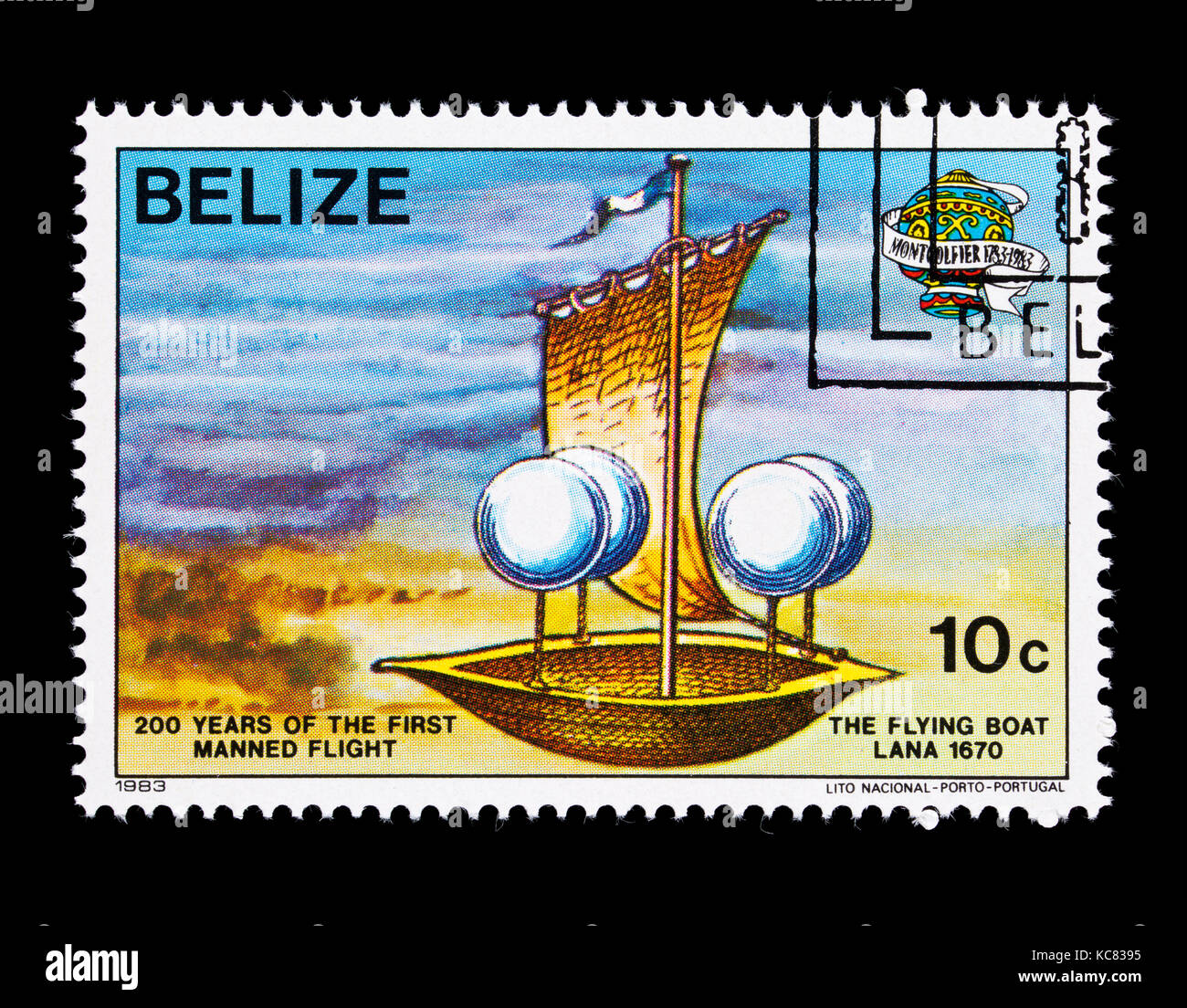 Timbre-poste du Belize illustrant la Lana Flying boat, 1670, bicentenaire du premier vol habité Banque D'Images