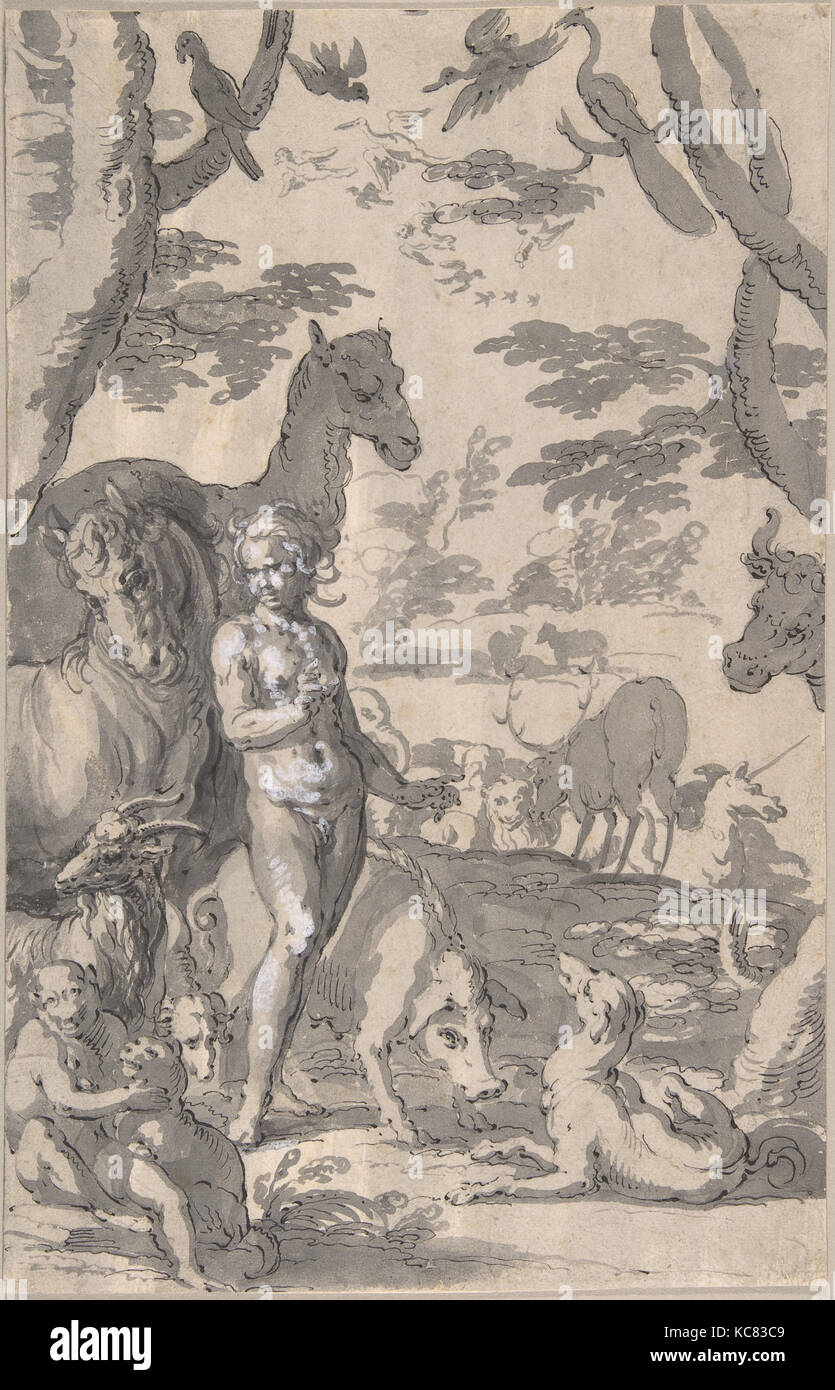 Adam dans le jardin d'Eden, nomme les animaux, Joachim Wtewael, ca. 1605-10 Banque D'Images