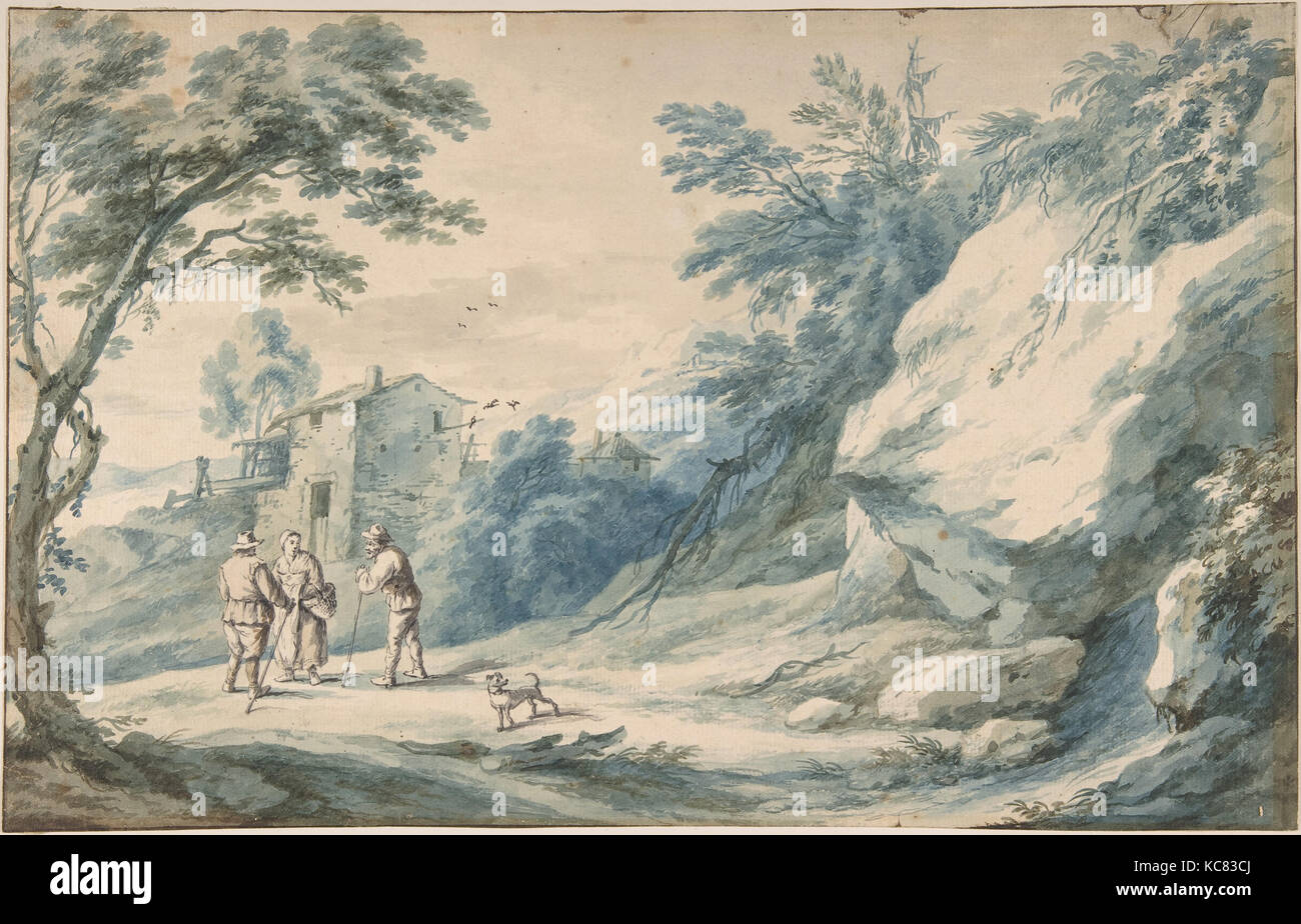 Un paysage avec des voyageurs, les ruines d'un bâtiment et d'une ville fortifiée, Adriaen Fransz. Boudewijns, milieu du 17e-début du 18e siècle Banque D'Images