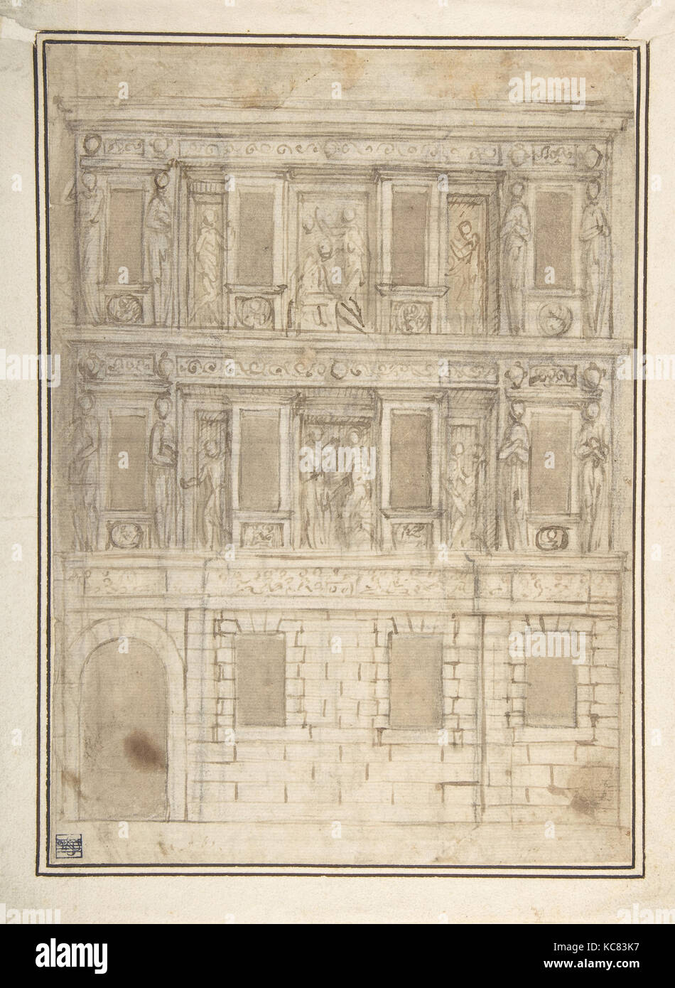 Projet pour une décoration de façade (recto) ; études en architecture (verso), attribuée à Lattanzio Gambara, 16e siècle Banque D'Images
