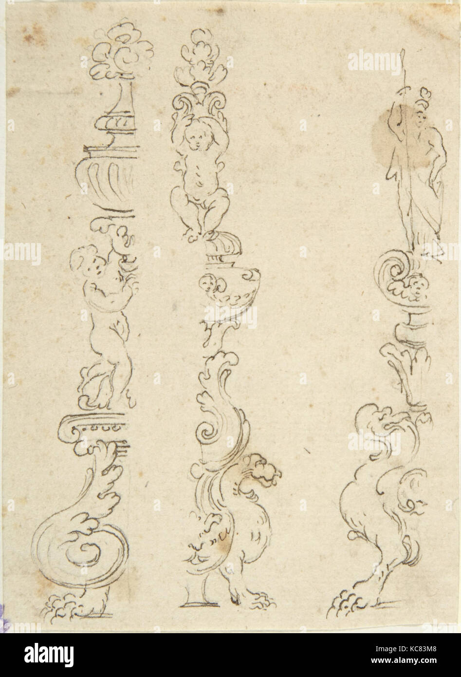 Les moitiés droite et gauche de trois candélabres, anonyme, Italien, 16e siècle Banque D'Images