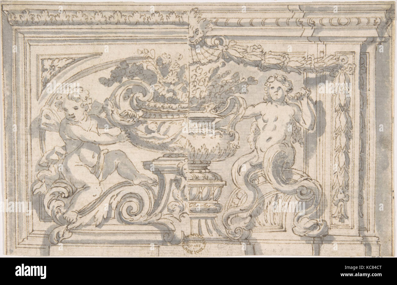 Panneau de rechange Dessins avec urne et Putto, anonyme, Italien, 17e siècle Banque D'Images