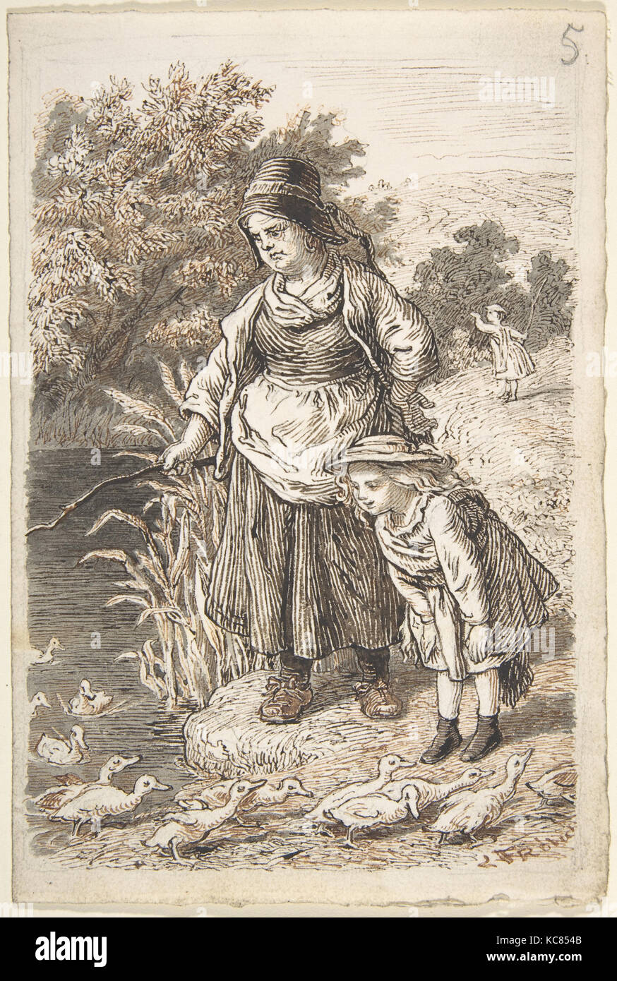 Femme et enfant par un étang à canards, Lorenz Frølich, 1835-1903 Banque D'Images