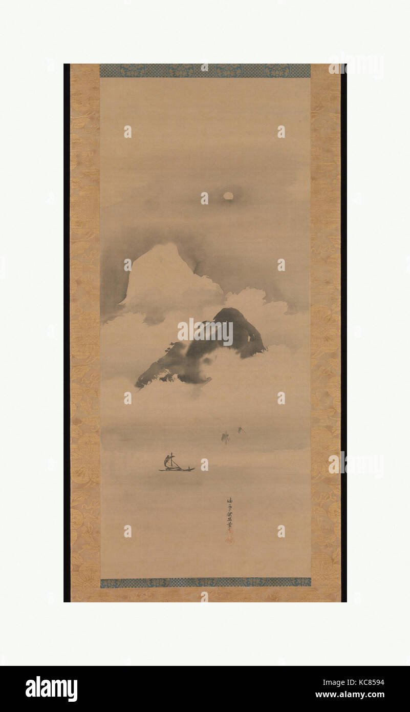 狩野探幽筆 月夜山水図, paysage au clair de lune, Kano Tan'yū, après 1662 Banque D'Images