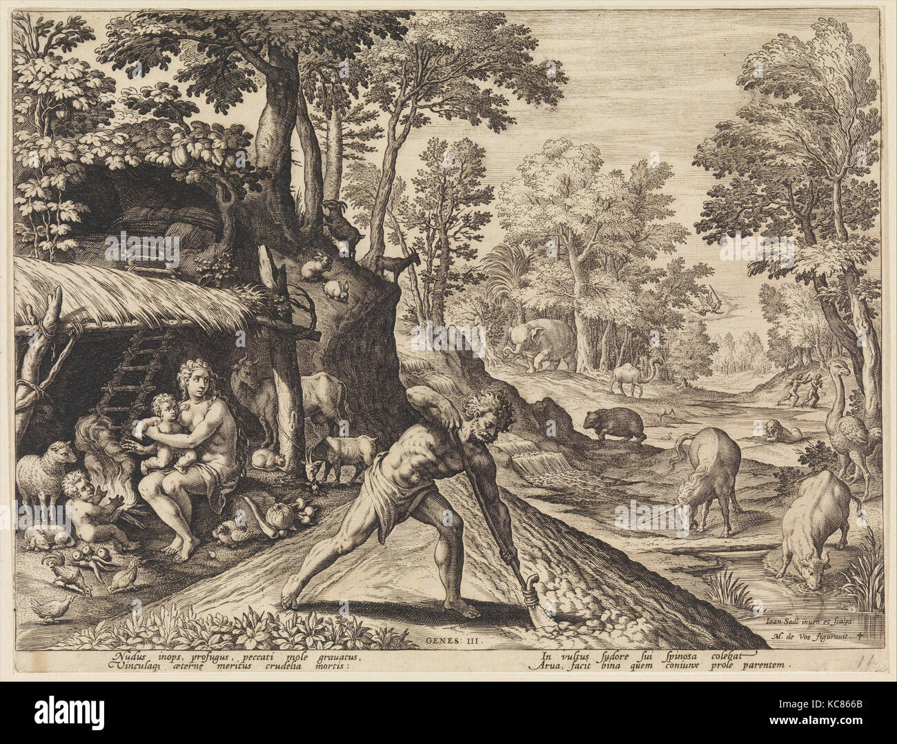 Adam au travail après la chute de l'histoire des premiers hommes, Johann Sadeler I, 1583 Banque D'Images