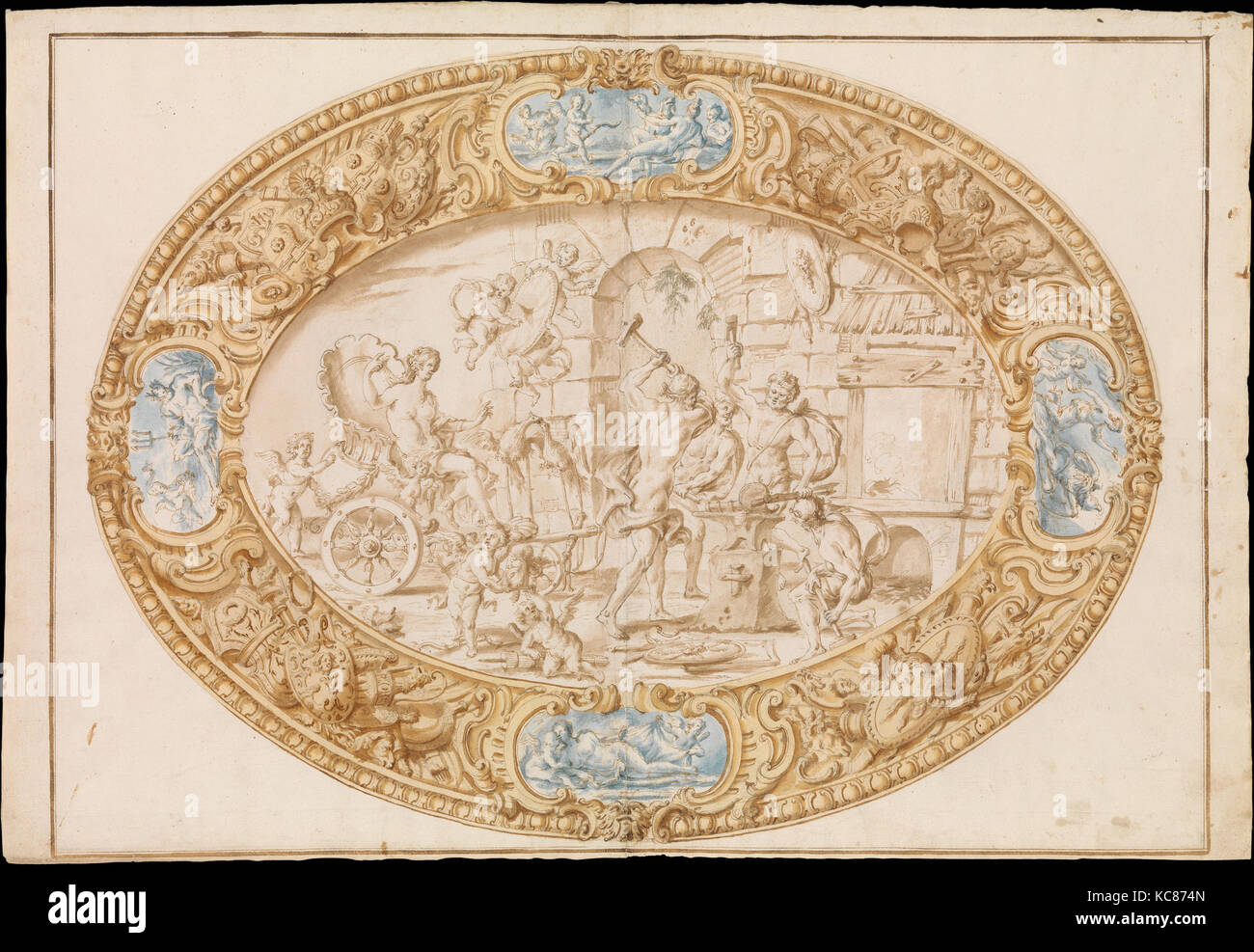 Design (Dessin de travail à pleine échelle) pour un grand plat en argent ovale avec bordure argent doré montrant Vulcan's forge Banque D'Images