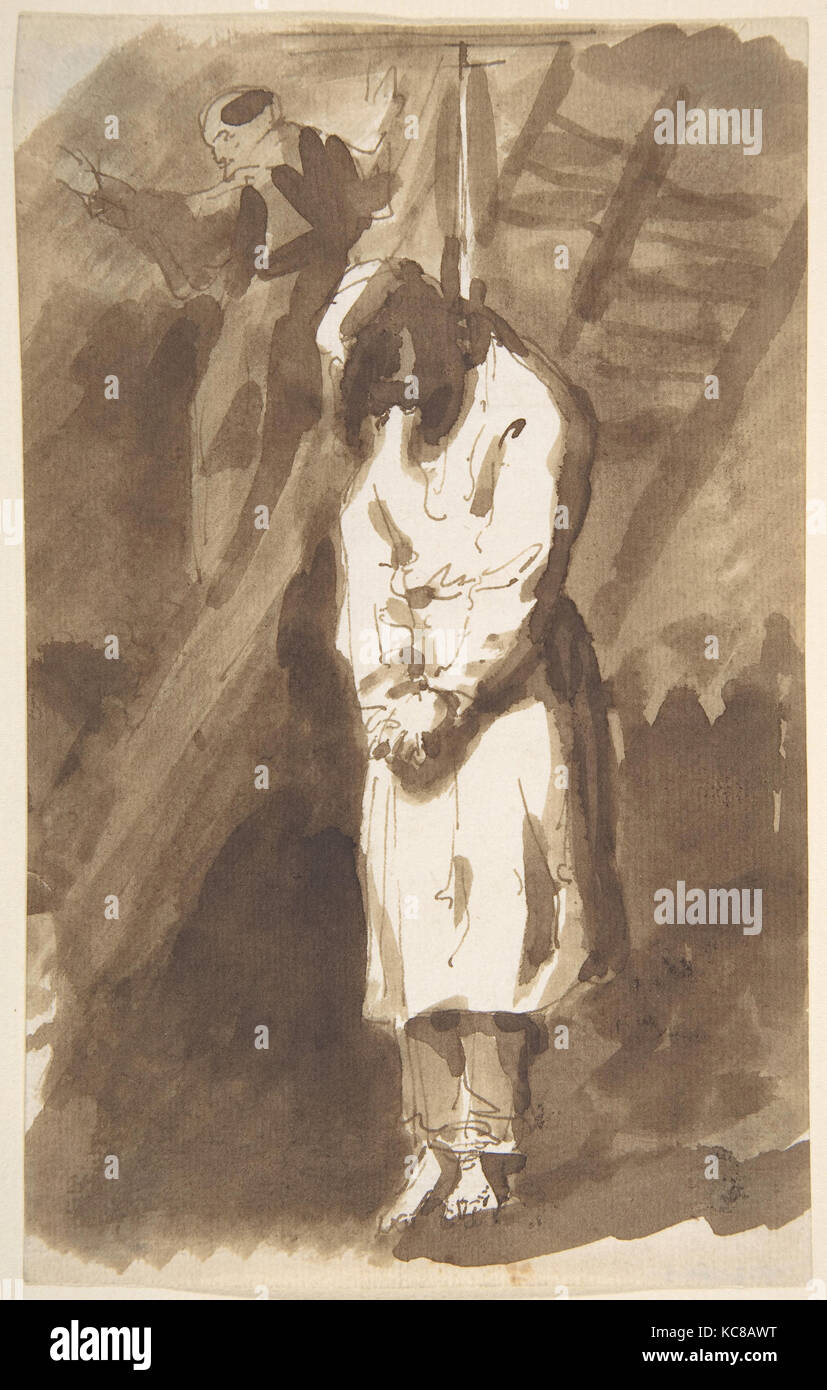 Pendu, s.d., stylo, l'encre brune et lavis sur papier, feuille : 7 x 4 5/16 in. (17,81 x 11 cm), les dessins, le style de Goya Banque D'Images