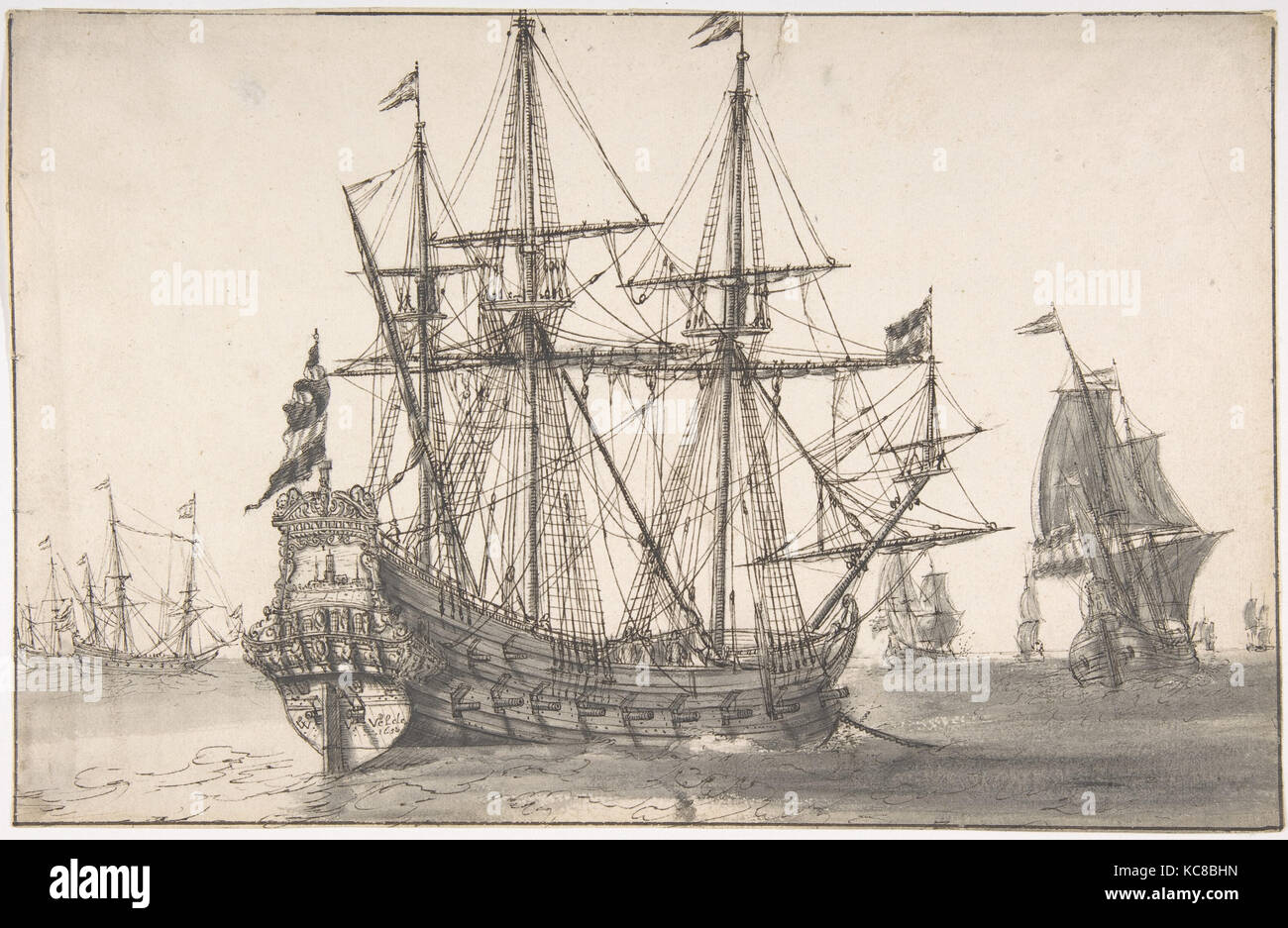 Dutch, hommes de guerre à l'ancre, Willem van de Velde I, 17e siècle Banque D'Images