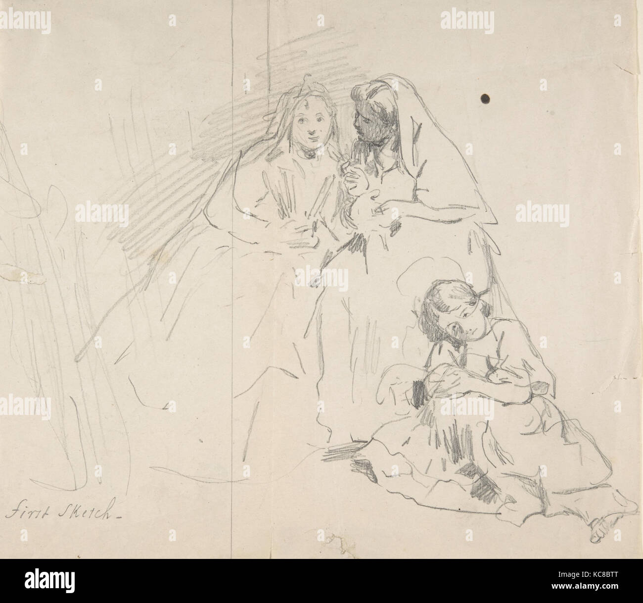 Croquis de deux femmes assises avec jeune fille assise à leurs pieds ; Verso : Esquisse d'une femme, Charles Baugniet, 1830-86 Banque D'Images