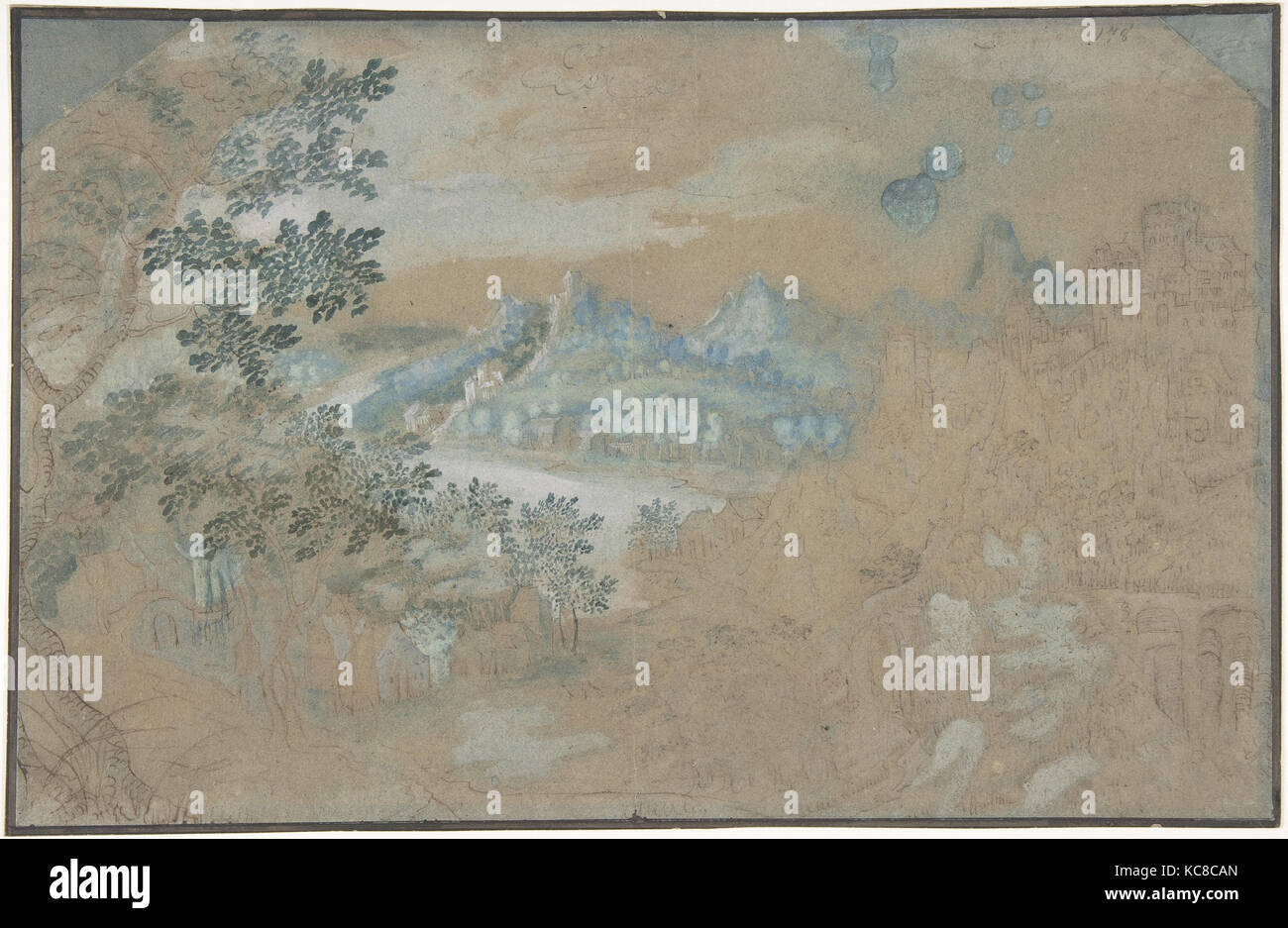 Paysage, n.d., plume et encre brune, pinceau et lavage vert et bleu et blanc, gouache 12 11/16 x 14 3/16 po. (32,2 x 36 cm Banque D'Images