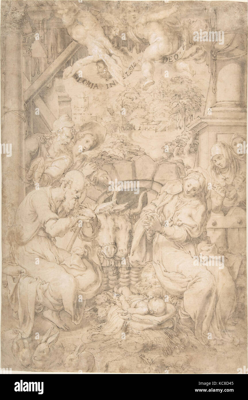 L'Adoration des bergers, ca. 1565, plume et encre brune, pinceau et lavis pâle, plus de traces de craie noire, a mis en lumière Banque D'Images