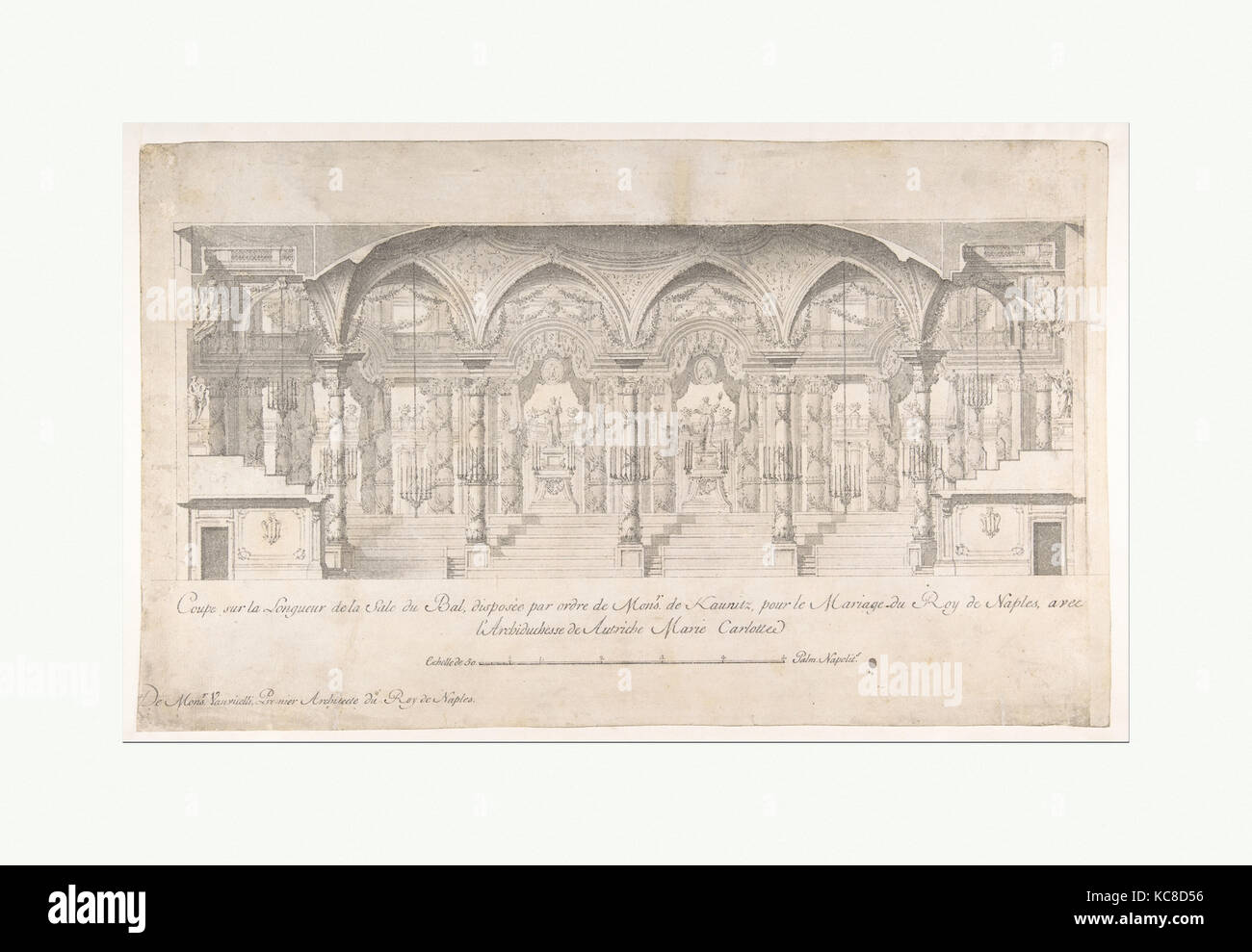 Section longitudinale d'une salle de bal décorée pour le mariage du Roi de Naples à l'archiduchesse d'Autriche Banque D'Images